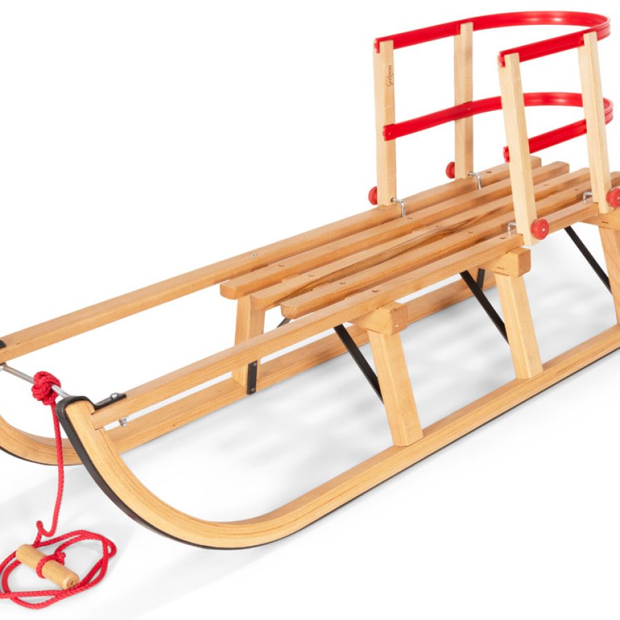 Slitta In Legno Di Faggio Con Schienale - Per Bambini E Adulti, 2 Posti, 100 Kg, Guinzaglio Incluso