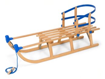 Slittino in legno 110cm con schienale blu e corda da traino