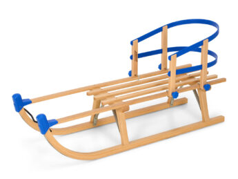 Slittino in legno 100cm con schienale blu e corda da traino